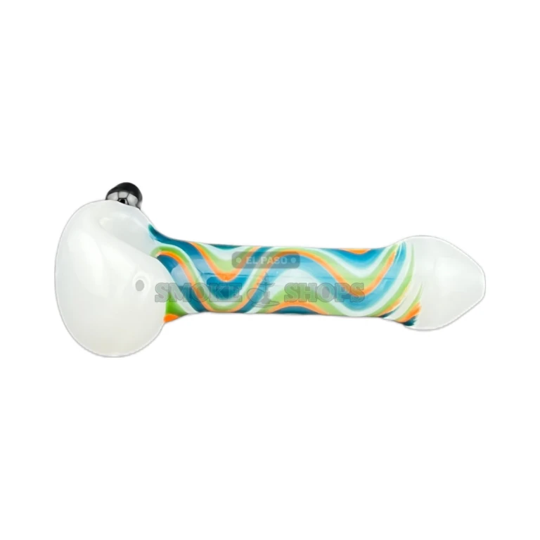 White glass spoon pipe with colored lines in El Paso, medium bowl and left-side carb hole, same-day pickup