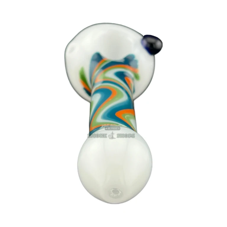 White Colorful Swirls glass spoon hand pipe in El Paso, rounded mouthpiece and 2mm borosilicate wall, in stock today