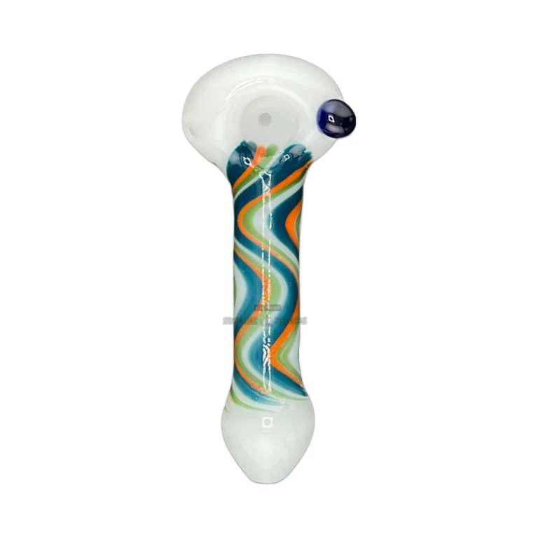 White Colorful Swirls glass spoon pipe bowl close-up in El Paso, worked medium bowl for tobacco use, pick up today