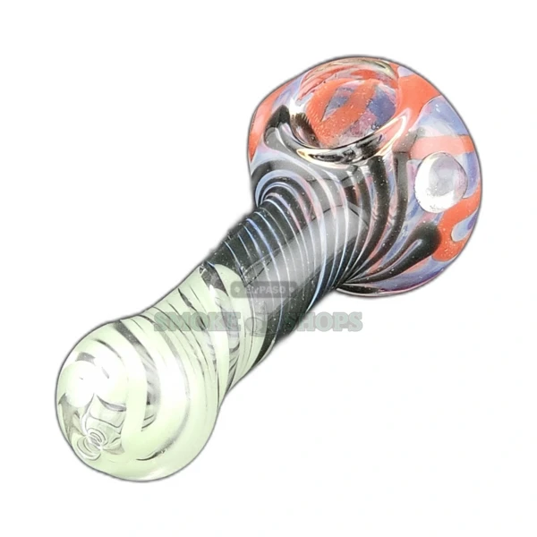 Zig Zag Swirls glass spoon pipe front view in El Paso, worked colored swirl lines, medium bowl and left-side carb