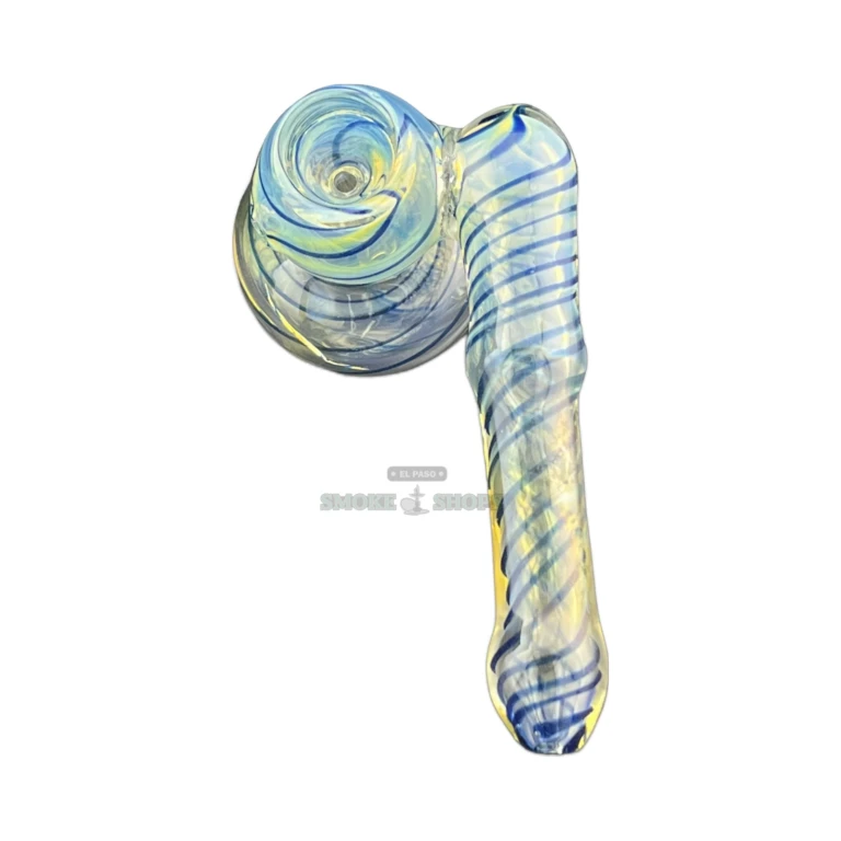 Fumed color-changing glass bubbler in El Paso standing upright, clear base with blue and orange swirls, pocket-size hammer style