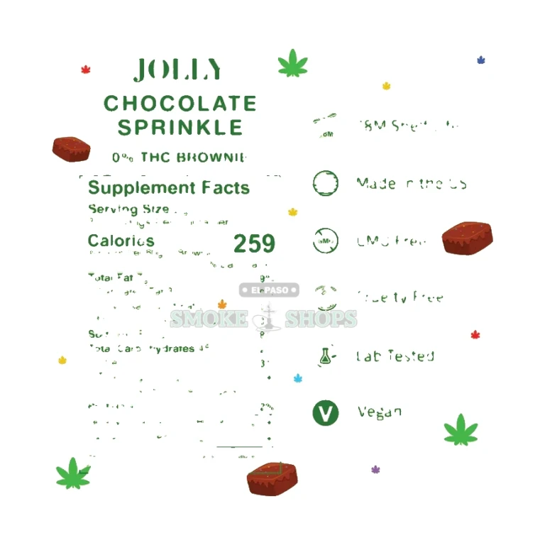 Jolly Chocolate Sprinkle hemp brownie label in El Paso with 150 mg THC and 150 mg CBD, lab tested, 21 plus only