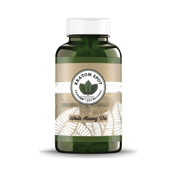 White Maeng Da kratom capsules by Kratom Spot, front of the bottle, stocked at our El Paso smoke shop counter