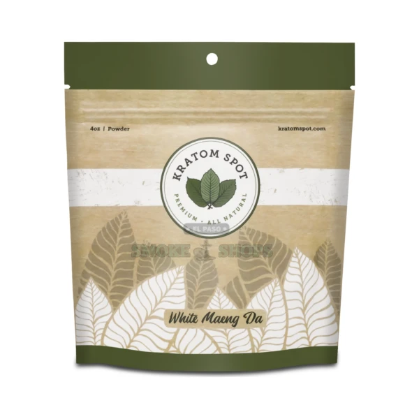 White Maeng Da kratom powder by Kratom Spot, sealed pouch of finely milled white vein leaf, in stock in El Paso