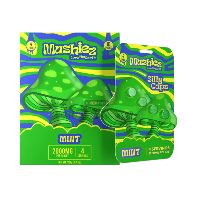 Mushiez Silly Caps 8000mg tablet pack back label in El Paso showing 8000 mg blend and lab-tested details