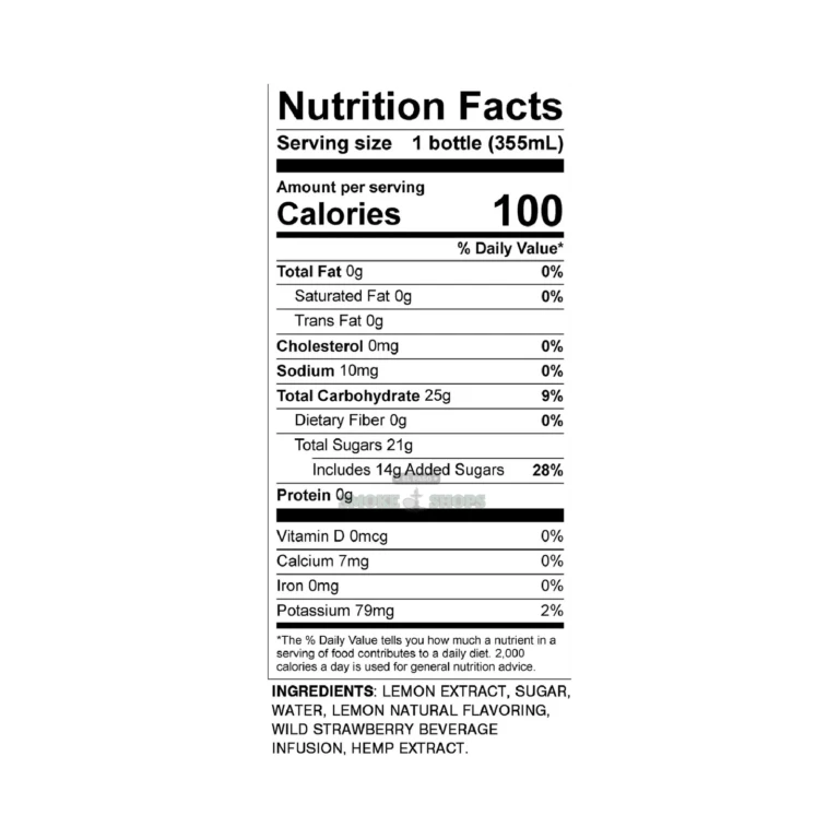 Strawberry Lemonade THC drink label in El Paso listing real fruit juice, cane sugar, hemp-derived Delta-9 THC