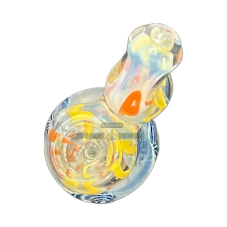 Handheld glass bubbler in El Paso standing upright on its flat sidecar base, worked blue and teal glass lines
