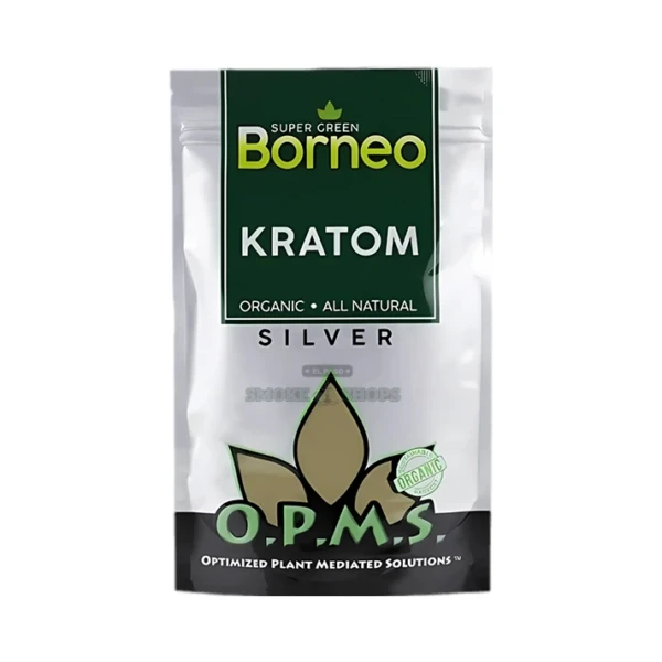 OPMS Silver Super Green Borneo green vein kratom powder pouch, 1 oz, in stock at our El Paso locations