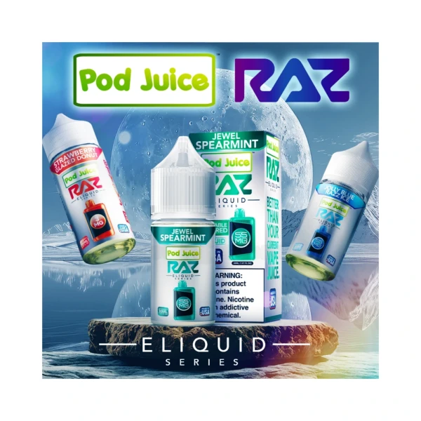 Pod Juice x RAZ Salt nic salt e-juice 30mL bottle front label in El Paso, 35mg and 55mg, same-day pickup