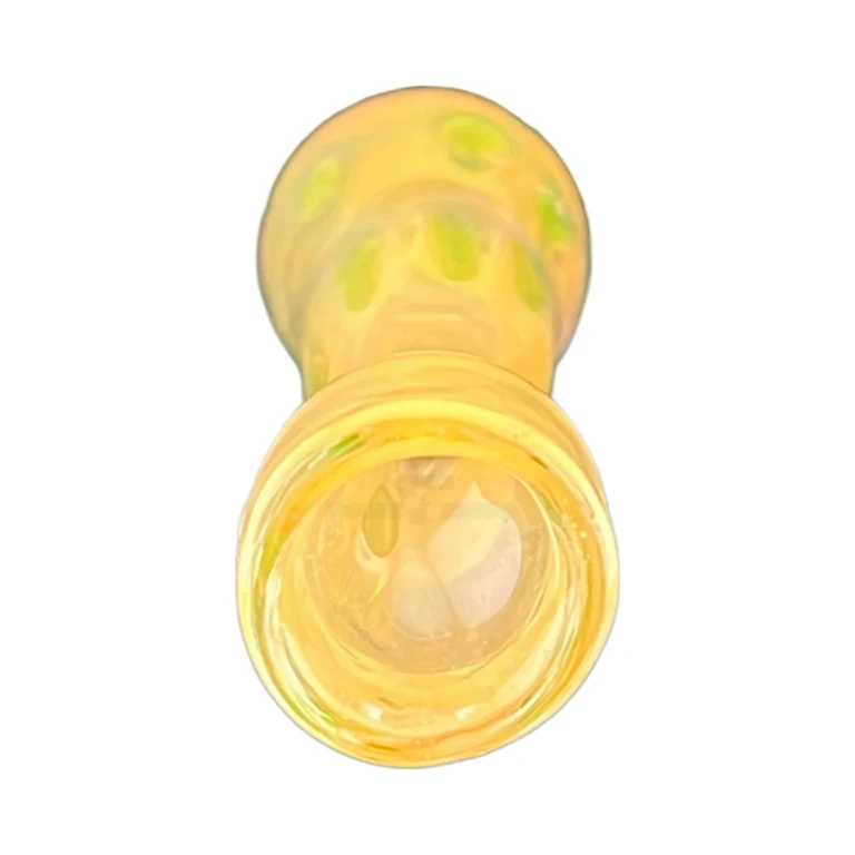 Full length of the 3.3 inch polka dot glass chillum one-hitter, clear base with bright color dots at El Paso Smoke Shops
