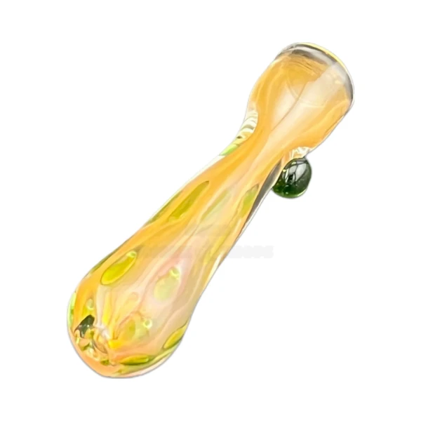 Polka dot glass chillum one-hitter with clear borosilicate body and bright pink, yellow and green dots at El Paso Smoke Shops
