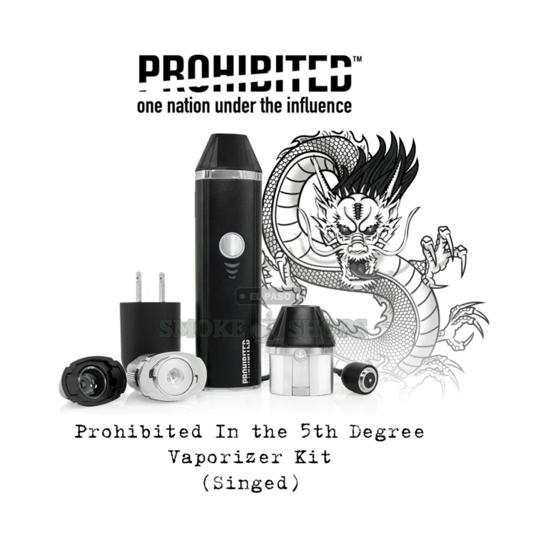 Singed black Prohibited 5th Degree dry herb vaporizer in El Paso, stainless steel body with LED level and battery bar