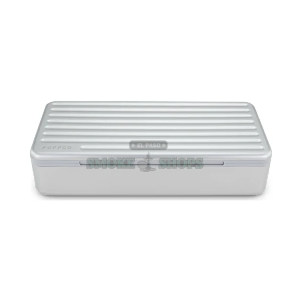 Puffco Pivot travel case in El Paso, ridged aluminum hardshell with magnetic lid closed, closed front view