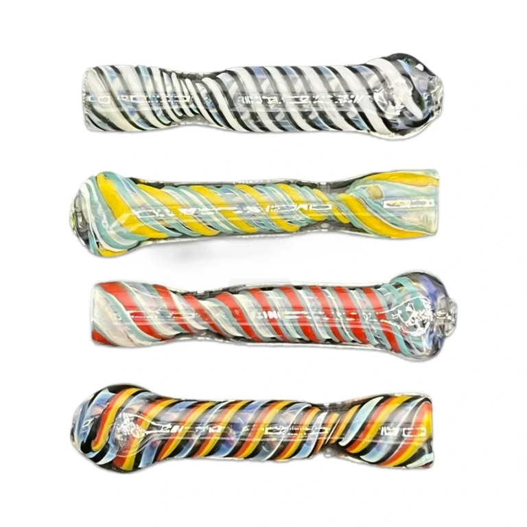 Full length of the 3.4 inch Rainbow Owreo borosilicate glass chillum one-hitter with cookie-stripe color at El Paso Smoke Shops