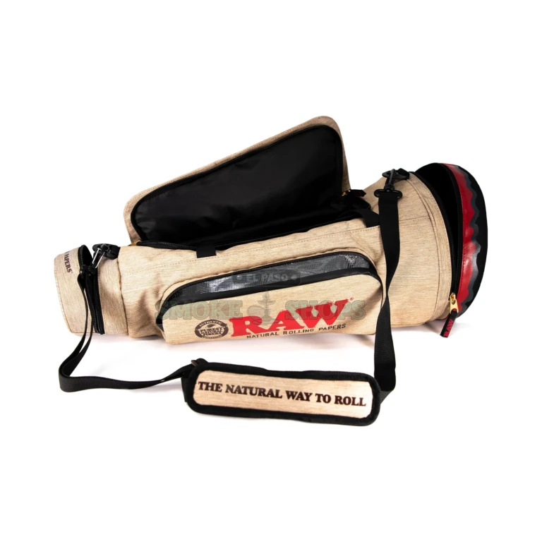 Close-up of the red sparkle RAW logo on the black smell-proof Cone Duffel Bag, same-day pickup in El Paso