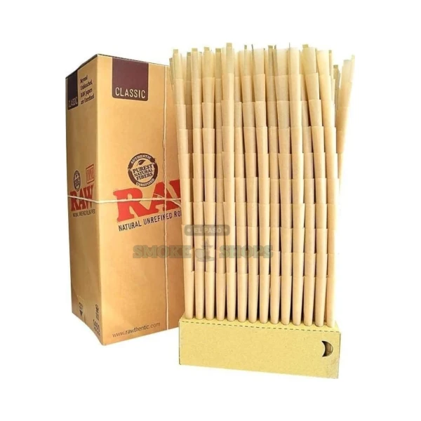 RAW loose pre-rolled cones in El Paso, unbleached 1 1/4 84mm paper cone with a built-in tip, sold single, tobacco-free