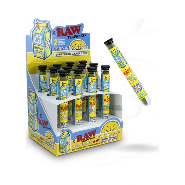 RAW Lyrical Lemonade Terp cone 12-pack display box in El Paso, two tobacco-free cones per glass tube, pick up today