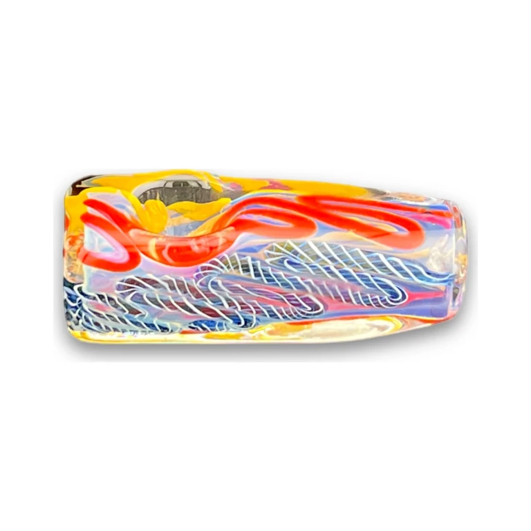 Side view of the flat rectangular glass chillum showing red, yellow and orange marbled color work, in stock in El Paso