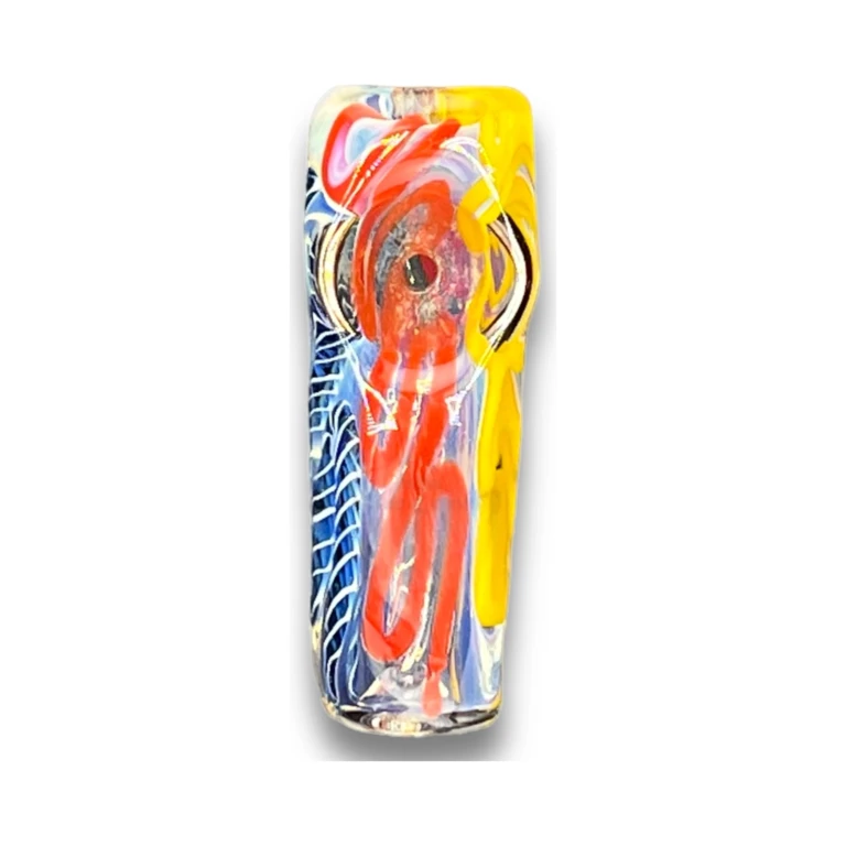 Bowl end of the flat rectangular glass chillum with red, yellow and orange marbled swirls, a 3 inch one-hitter in El Paso