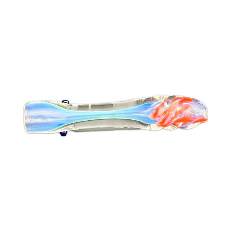 Side view of the red borosilicate Swivel chillum showing the spiral twist along the body, in stock in El Paso