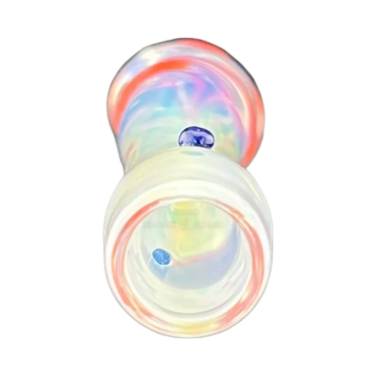 Bowl end of the solid red Swivel glass chillum, a 3.5 inch one-hitter with a twist pattern, in El Paso Texas