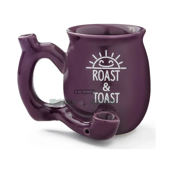 Purple Roast and Toast ceramic mug pipe in El Paso, glossy plum 10 oz mug with a smiling sun design and top mouthpiece