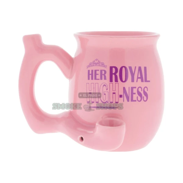 Her Royal High-Ness pink ceramic pipe mug in El Paso, built-in dry-herb hand pipe in the handle, novelty 21+ gift