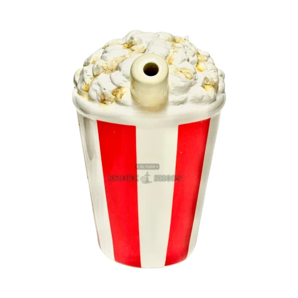Roast & Toast Popcorn Pipe in El Paso, glazed ceramic popcorn-bucket hand pipe with red and white stripes