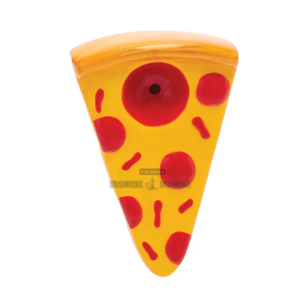 Roast & Toast pizza slice ceramic pipe in El Paso, front view of the glazed pepperoni-and-cheese novelty hand pipe