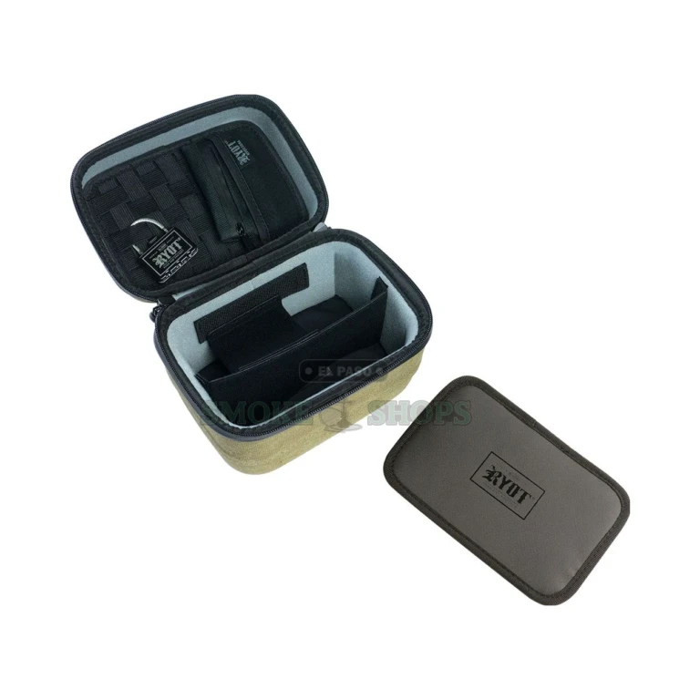 RYOT Small Safe Case interior in El Paso with X-Strap padding securing gear, carbon-lined smell-proof case, pick up today
