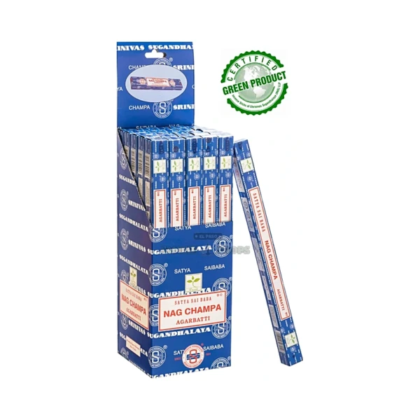 Satya Nag Champa incense sticks box, blue and gold packaging, 15 g masala agarbatti