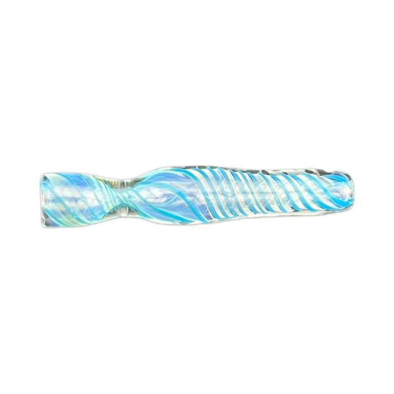 Side view of the Slime Blue borosilicate chillum showing blue and teal slime-style color swirls, in stock in El Paso