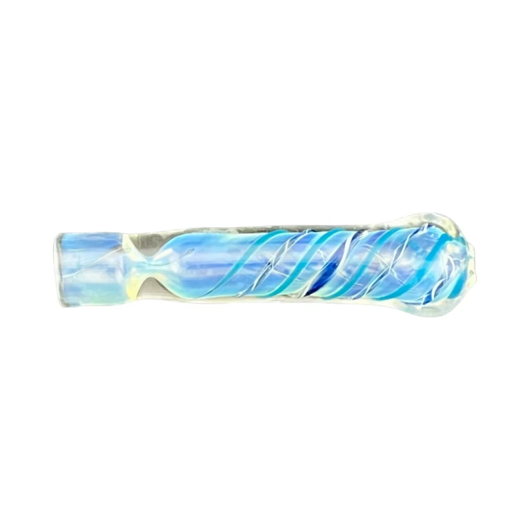Side view of the Striped borosilicate chillum showing teal, blue and red color stripes over clear glass, in stock in El Paso