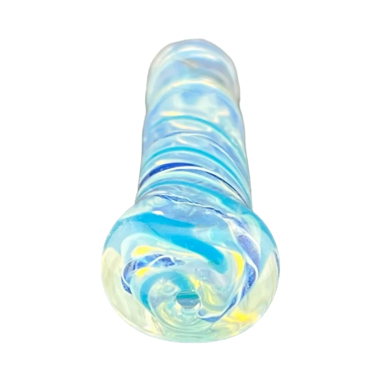 Mouthpiece end of the Striped glass one-hitter chillum, rounded 2 mm tapered tip, sold at El Paso Smoke Shops in El Paso