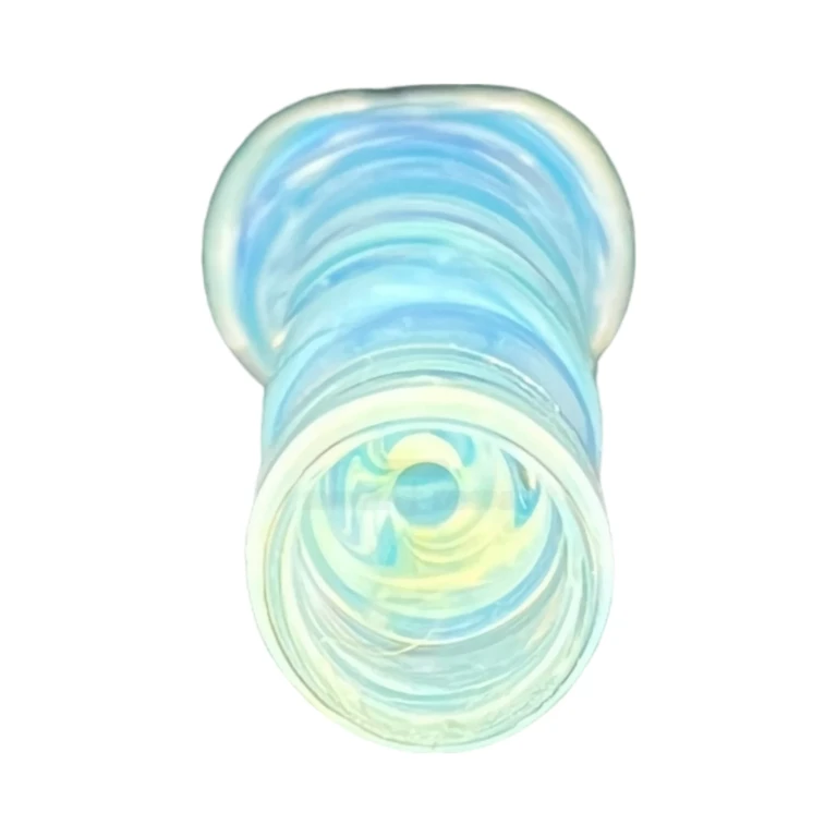 Bowl end of the clear Striped glass chillum with teal, blue and red stripes, a 3.4 inch one-hitter, in El Paso