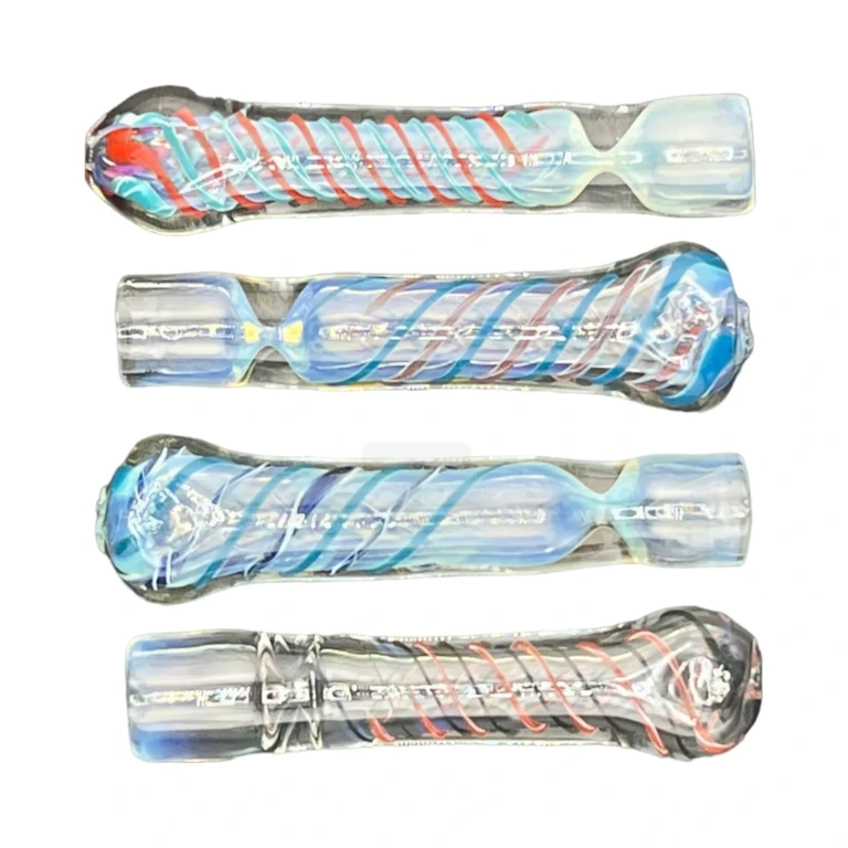 Full length of the 3.4 inch Striped borosilicate glass chillum one-hitter, clear base with color stripes at El Paso Smoke Shops