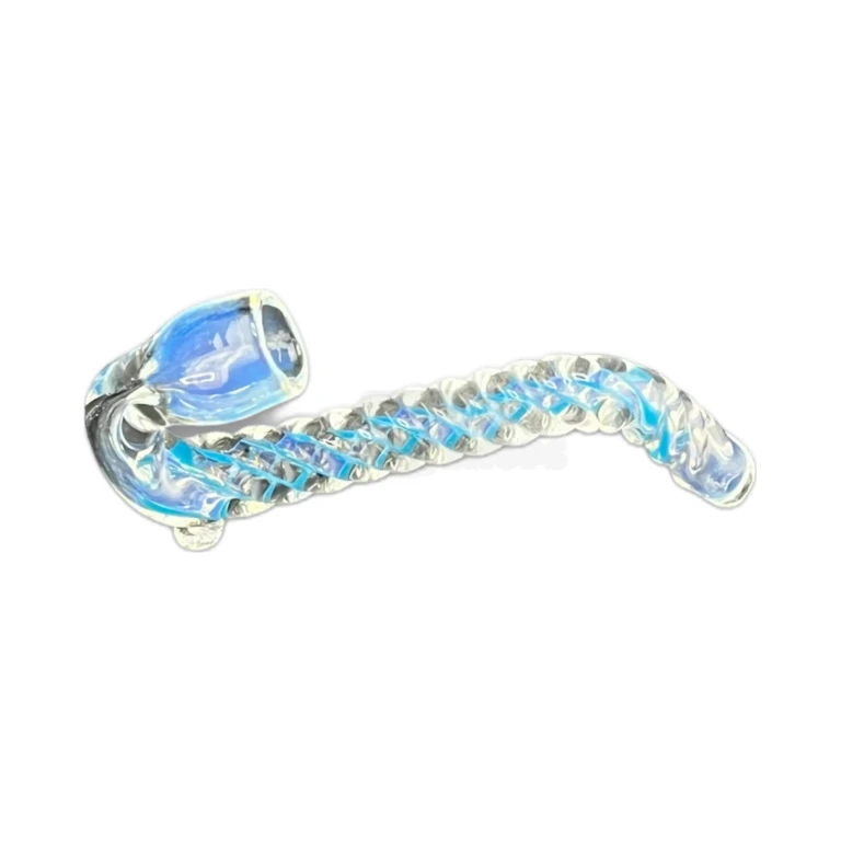 Side view of the Swirly borosilicate chillum showing the teal and blue swirl winding toward the mouthpiece, in stock in El Paso