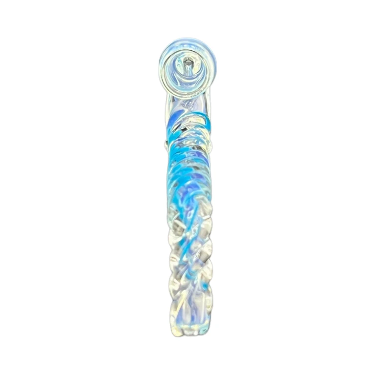 Mouthpiece end of the Swirly glass one-hitter chillum, twisted 2 mm tip with teal and blue swirl, sold in El Paso