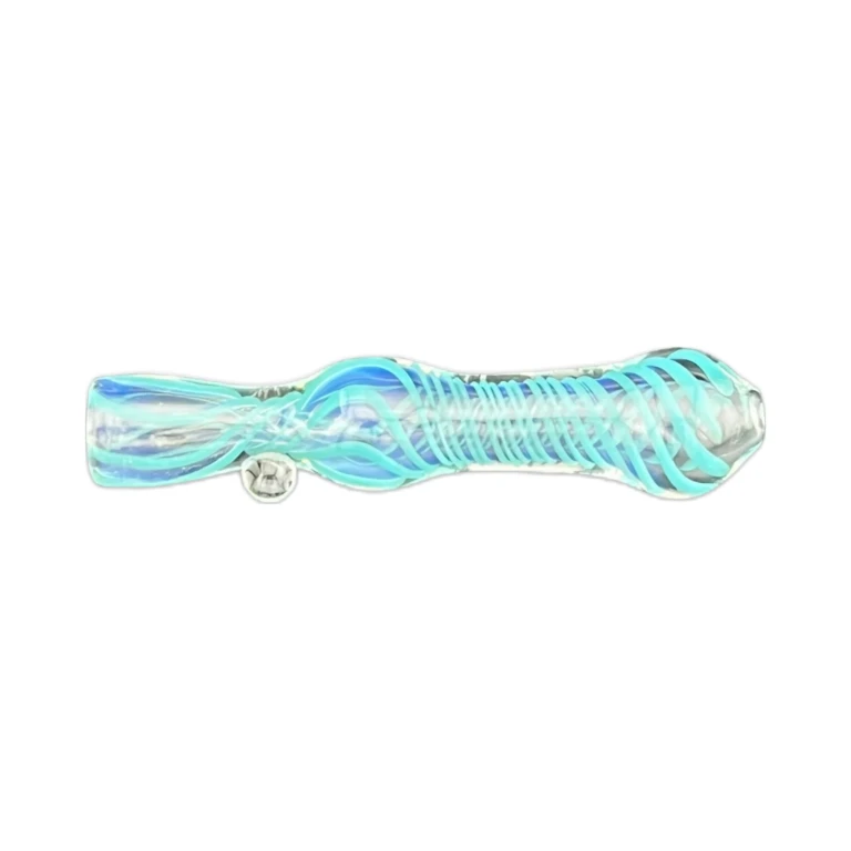 Side view of the Swirly Road borosilicate chillum showing the teal and red swirl winding down the body, in stock in El Paso