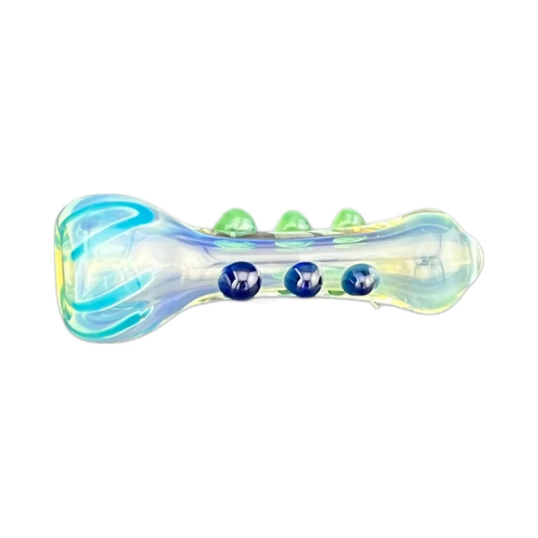 Side view of the slim teal swirl borosilicate chillum showing fumed color over clear glass, in stock in El Paso