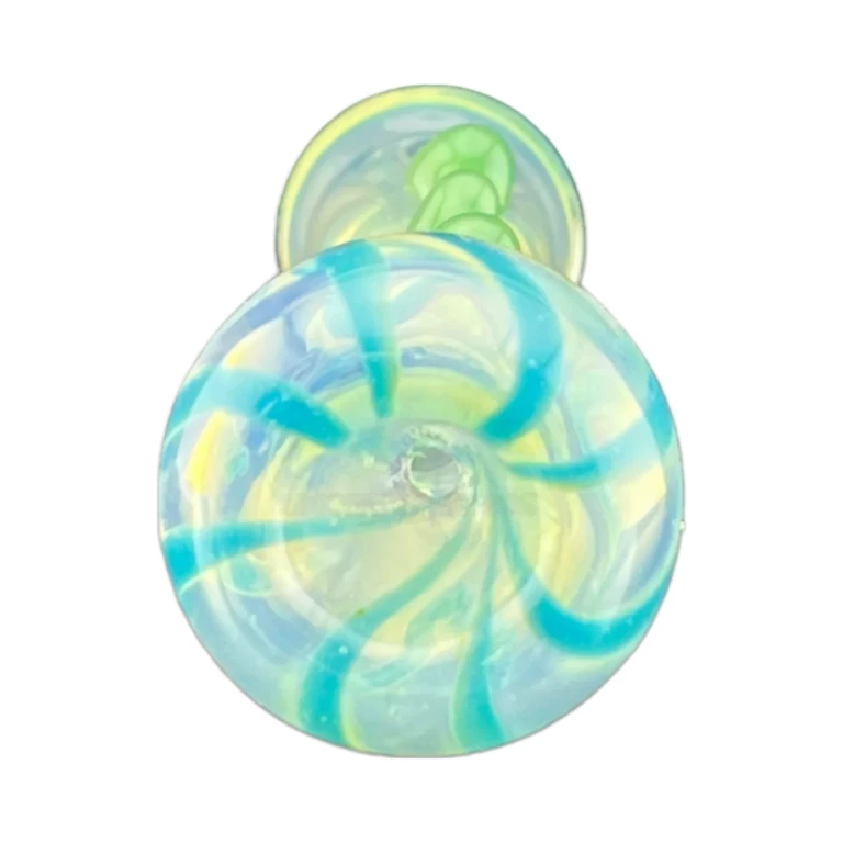 Bowl end of the clear glass chillum with teal and blue fumed swirl, a 3.1 inch one-hitter sold in El Paso