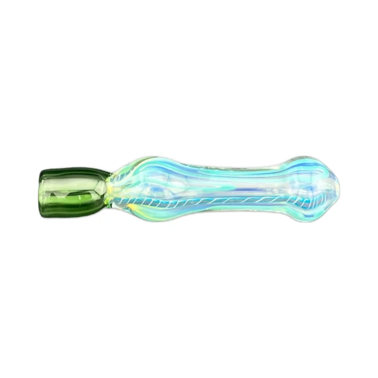 Side view of the slim teal and green borosilicate chillum showing color-worked swirl lines over clear glass in El Paso