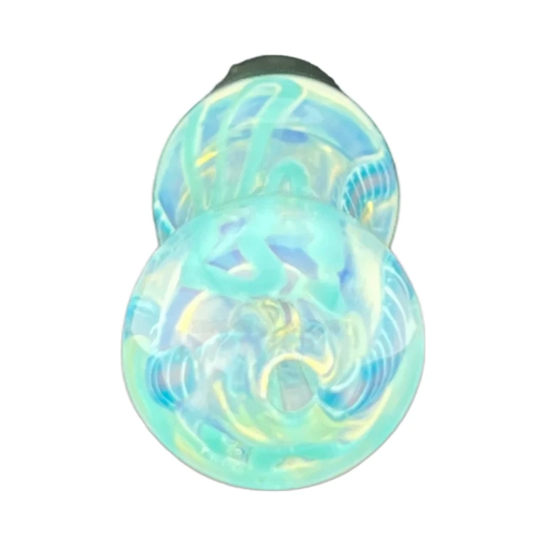 Mouthpiece end of the teal and green glass one-hitter chillum, rounded 3 mm tip, sold at El Paso Smoke Shops