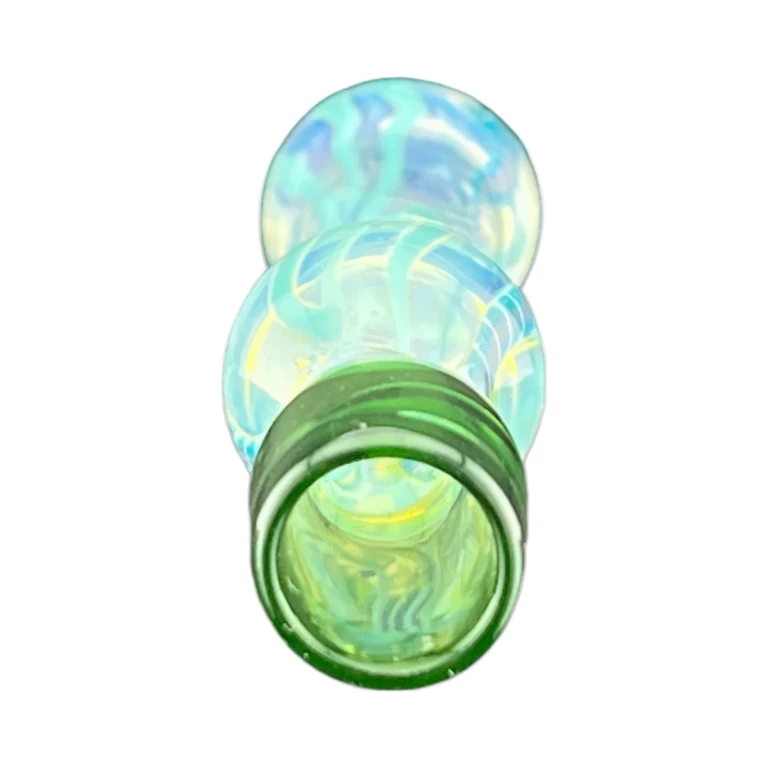 Bowl end of the clear glass chillum with teal and green swirls, a slim 3.1 inch one-hitter, in stock in El Paso