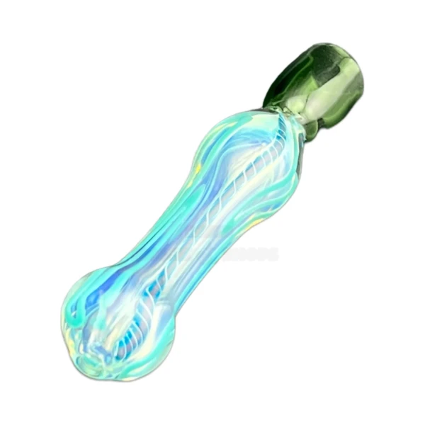 Teal and green swirl glass chillum one-hitter with a clear borosilicate body, color-worked swirl, at El Paso Smoke Shops