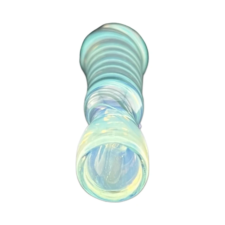 Bowl end of the teal and blue Thick Ends glass chillum showing the thick reinforced rim, a 3.4 inch one-hitter in El Paso