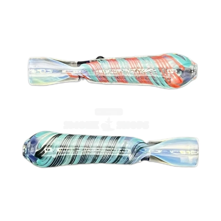 Full length of the 3.4 inch Thick Ends borosilicate glass chillum one-hitter with fumed teal swirls at El Paso Smoke Shops