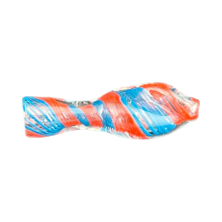 Side view of the twisted borosilicate chillum showing the red, teal, and yellow inside-out spiral, in stock in El Paso