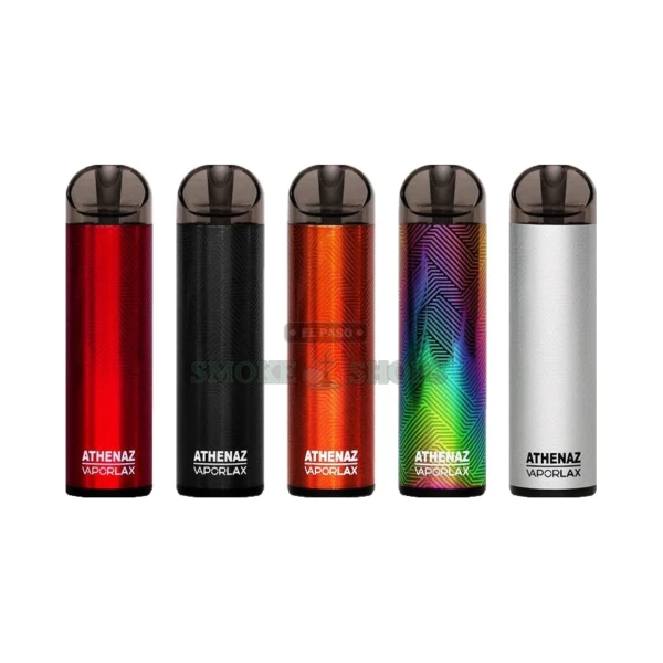 Vaporlax Athenaz vape device front view in El Paso, refillable 5mL pod system with 0.6 ohm mesh coil, USB-C