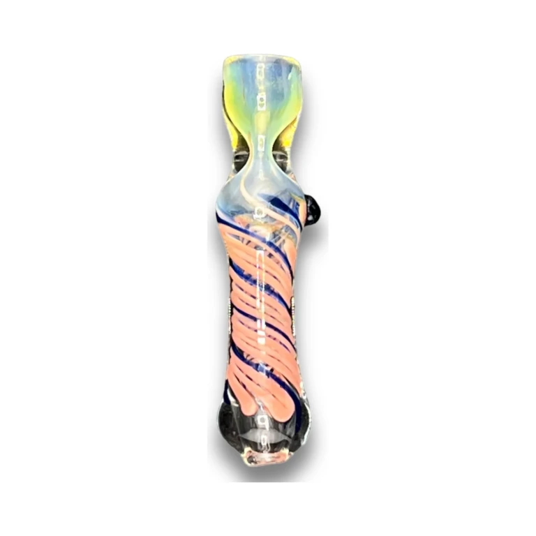 Bowl end of the clear Violet Twist glass chillum with orange and yellow spiral swirls, a pocket one-hitter in El Paso
